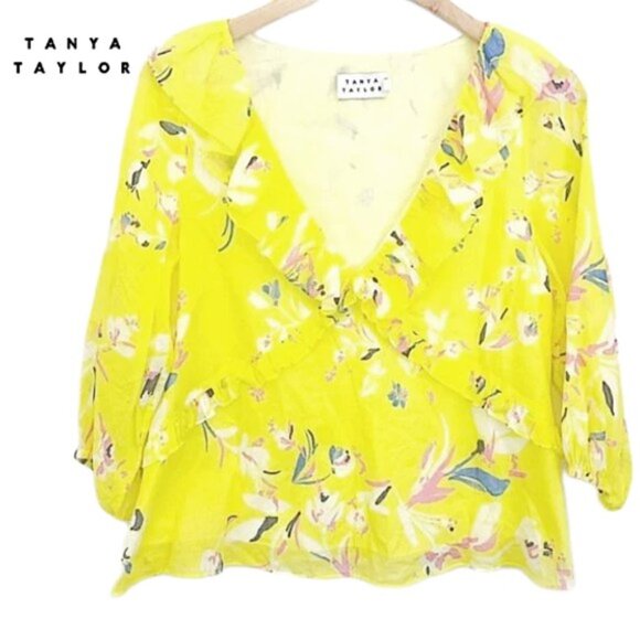 Tanya Taylor Lourdes Floral Cotton Blouse Yellow Ruffle V Neck Balloon Sleeve 4 - Picture 2 of 14